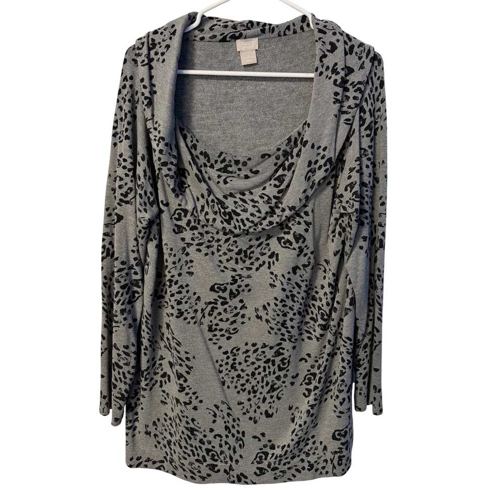 Chico's Zenergy Tunic Womens 2 Gray Leopard Cowl Neck Top